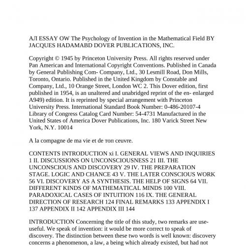 Psychology of Invention in the Mathematical Field (1), The